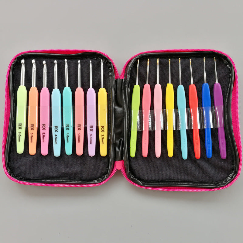 Arts And More colorful crochet tools set neatly organized in a pink zippered carrying case