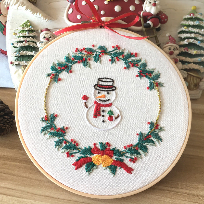 Festive Cross Stitch Kit featuring a snowman in a holiday wreath design for cozy decorations