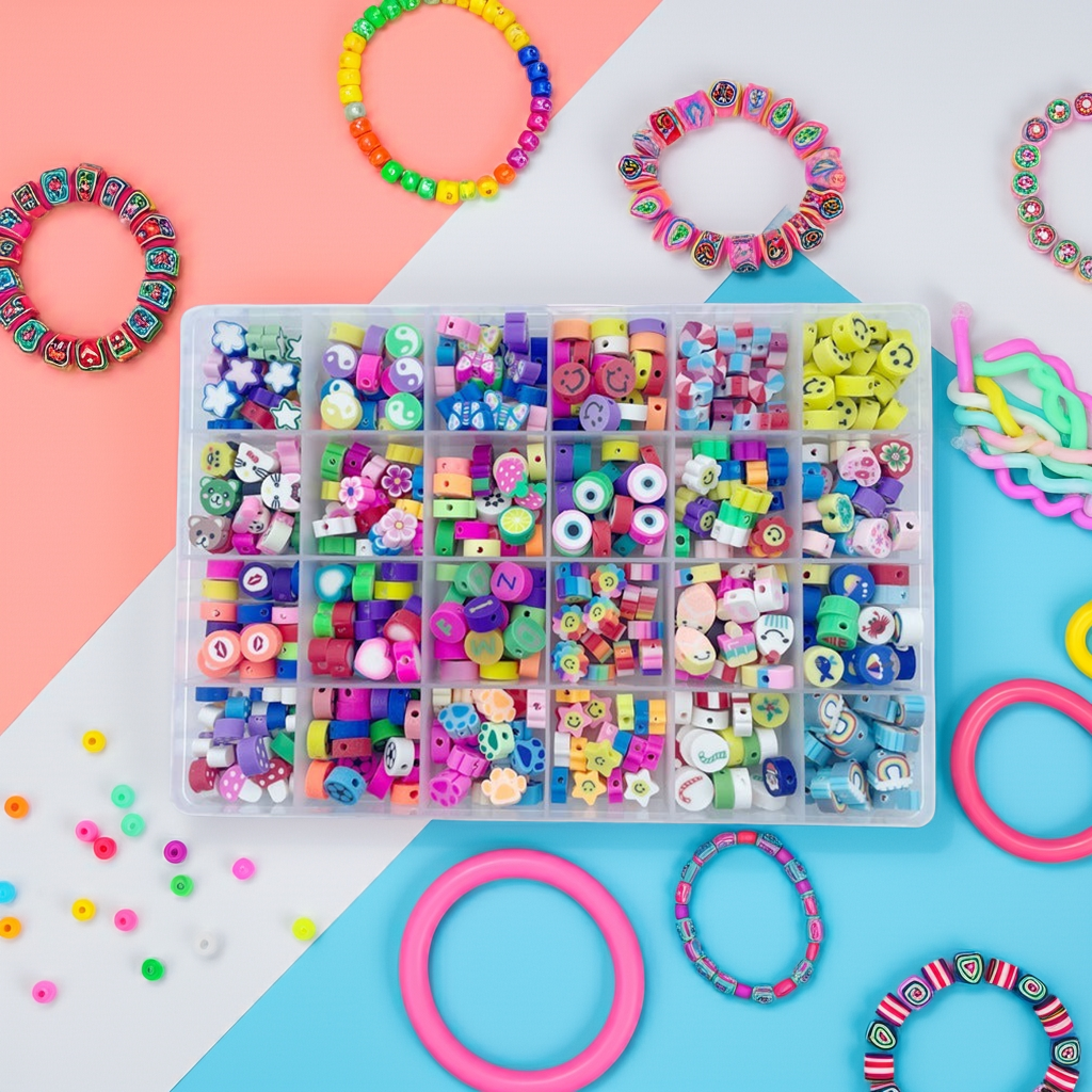Arts And More Clay Beaded Set with colorful handmade clay beads, crafting tools, and elastic cords for DIY jewelry