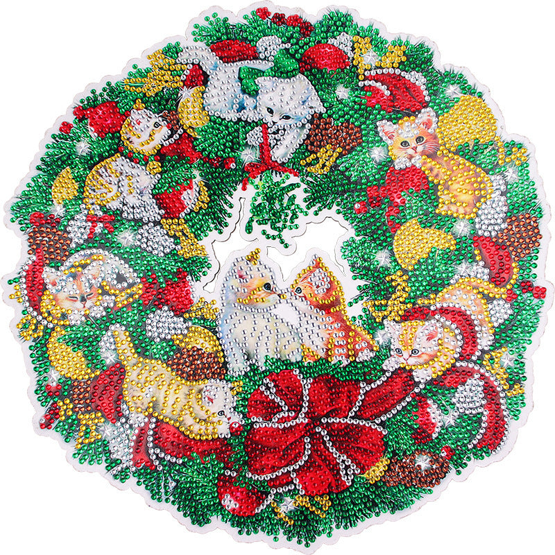 Colorful Diamond 5D Painting Christmas Wreath Kit with Adorable Cats and Festive Decorations