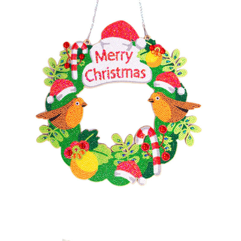 Colorful Diamond 5D Painting Christmas Wreath Kit with Birds and Holiday Decorations