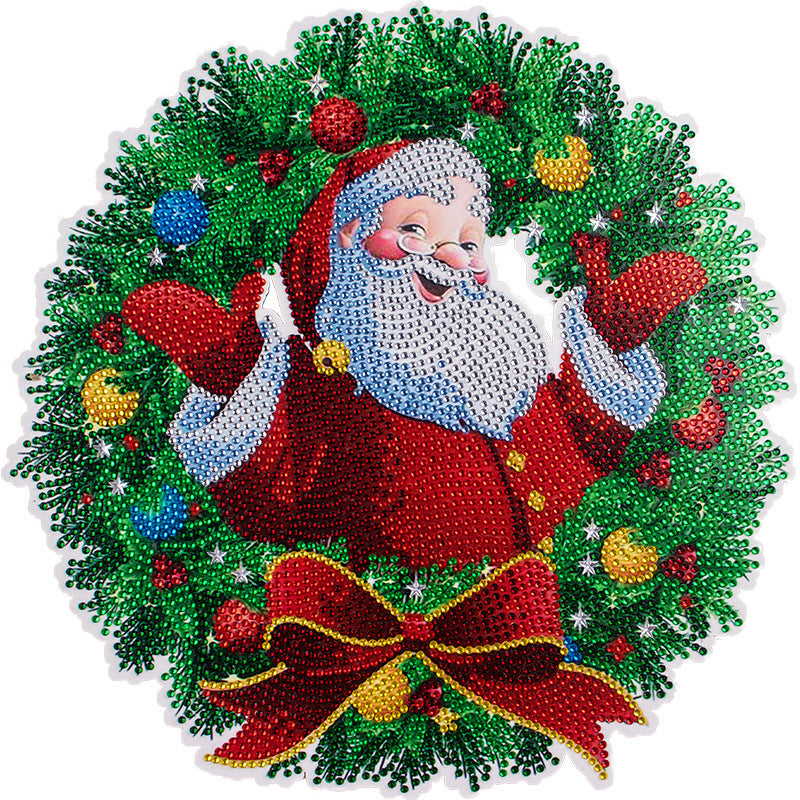Diamond 5D Painting of Santa Claus surrounded by a festive wreath with colorful decorations