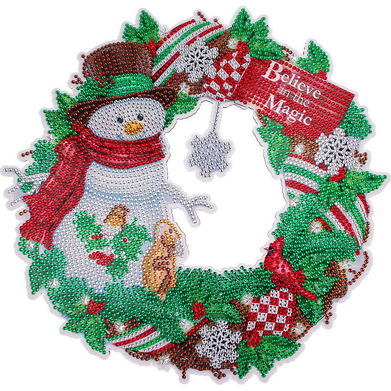 Diamond 5D Painting craft kit featuring a snowman wreath with festive decorations