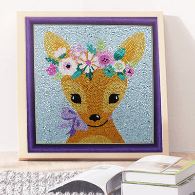 Colorful Diamond Painting Kit featuring a cute deer with a floral crown in a framed design