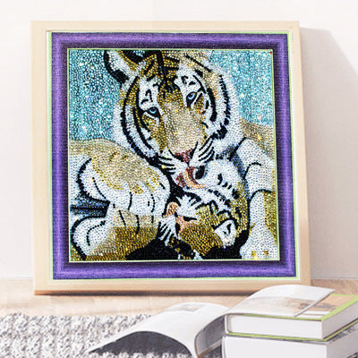Diamond Painting Kit featuring a mother tiger and her cubs in vibrant colors, perfect for crafting enthusiasts