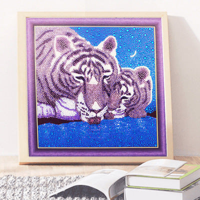 Diamond Painting Kit featuring a majestic scene of tigers by the water in vibrant colors