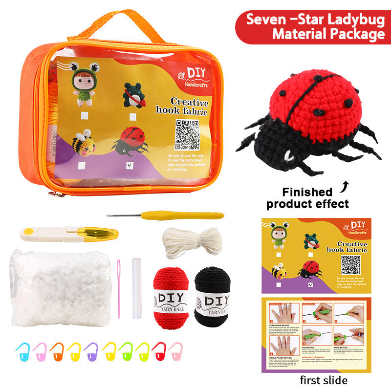 DIY Doll Tool Kit featuring a seven-star ladybug, yarn, hook, and instructions for crafting enthusiasts
