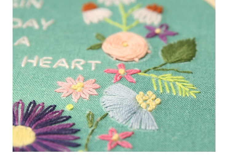 Colorful floral patterns from DIY Embroidery Practice Kits featuring various stitches and vibrant threads