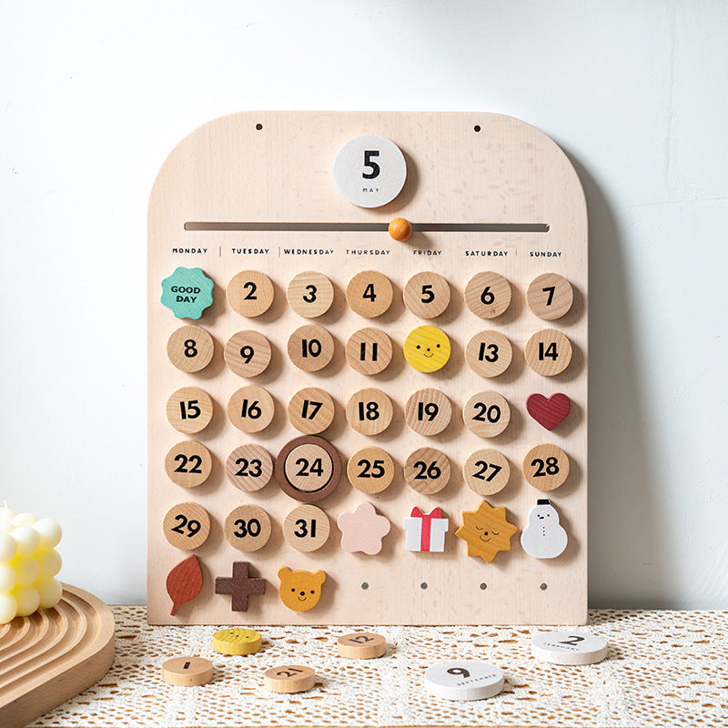 A wooden calendar toy with numbered days, months, and weather symbols, designed for children.