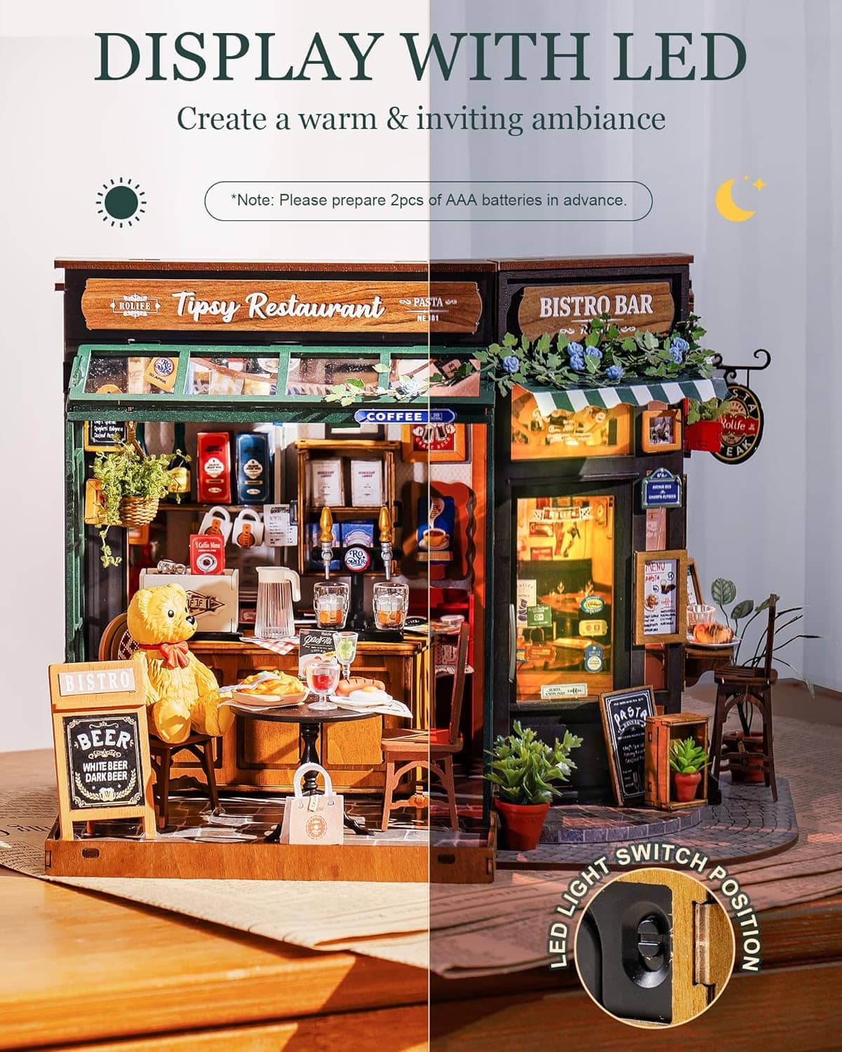 Rolife Tipsy Restaurant Miniature House Kit – DIY Wooden Model