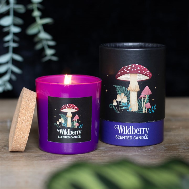 Forest Mushroom Wildberry Candle in purple glass with cork lid, perfect for home decor