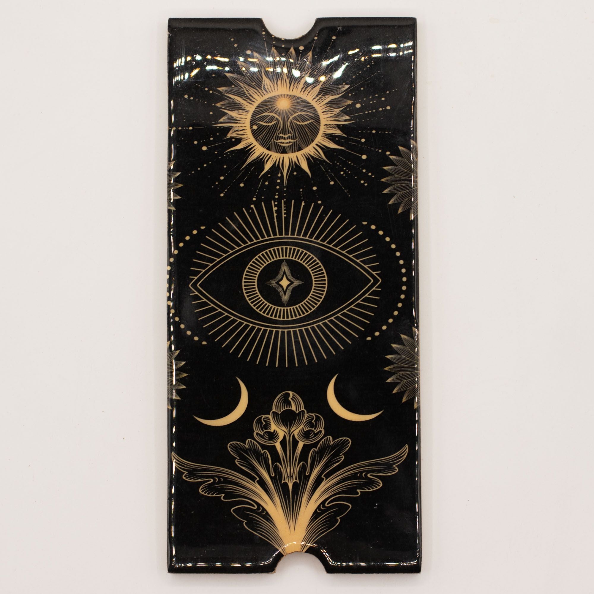 Black four section tarot box with gold celestial design for card storage
