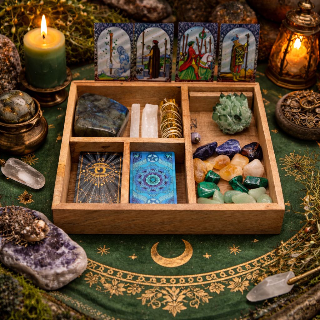 Four Section Tarot Box for card storage and readings, features crystals and tarot cards
