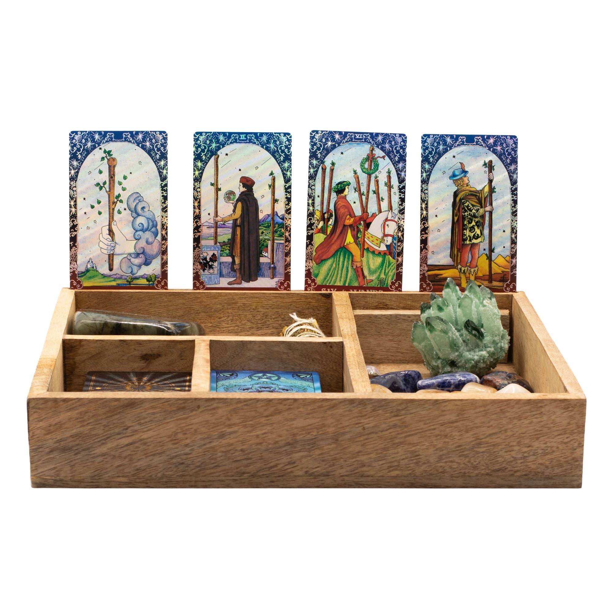 Four Section Tarot Box in natural wood for card storage and readings