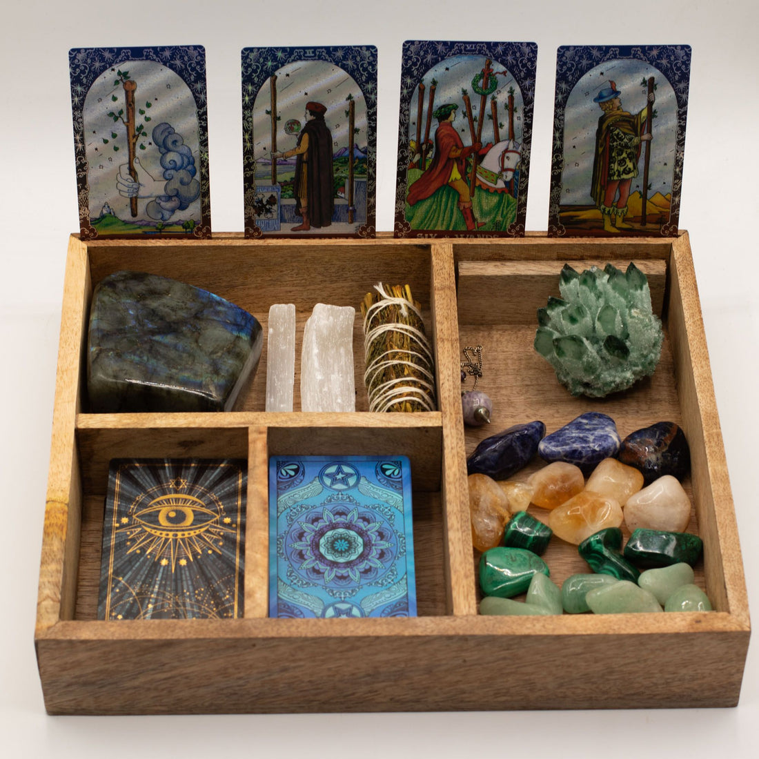 Four Section Tarot Box in wood with compartments for cards and crystals