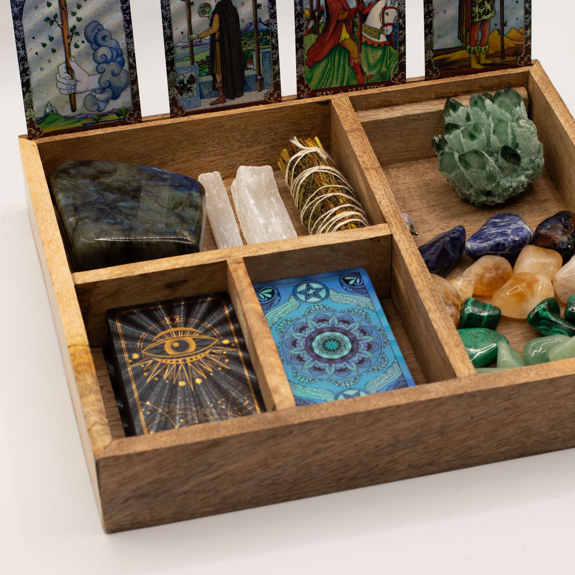 Four Section Tarot Box with Wooden Storage for Cards and Crystals