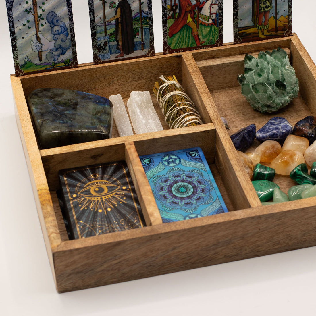 Four Section Tarot Box with Wooden Storage for Cards and Crystals