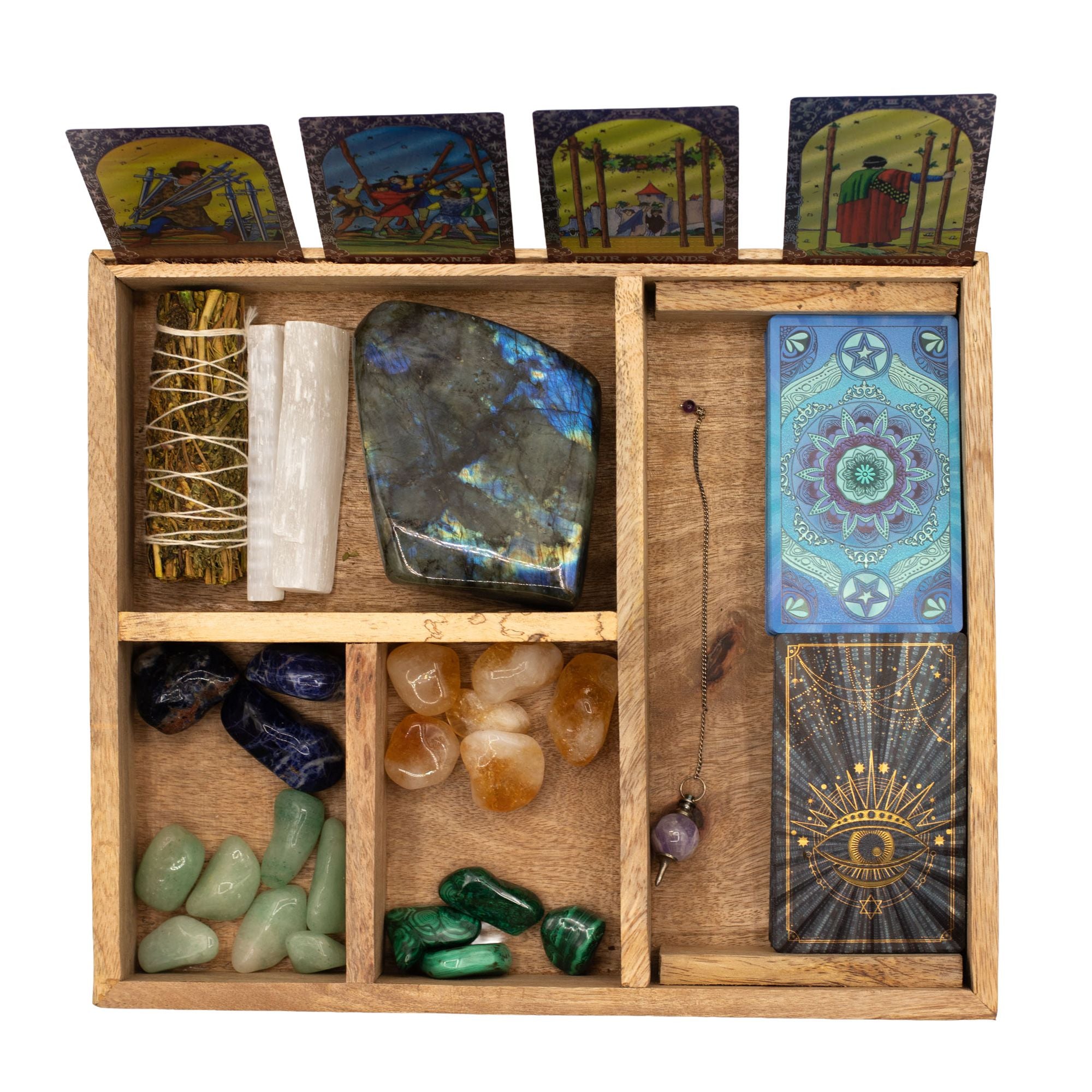 Four Section Tarot Box made of wood for card storage and readings