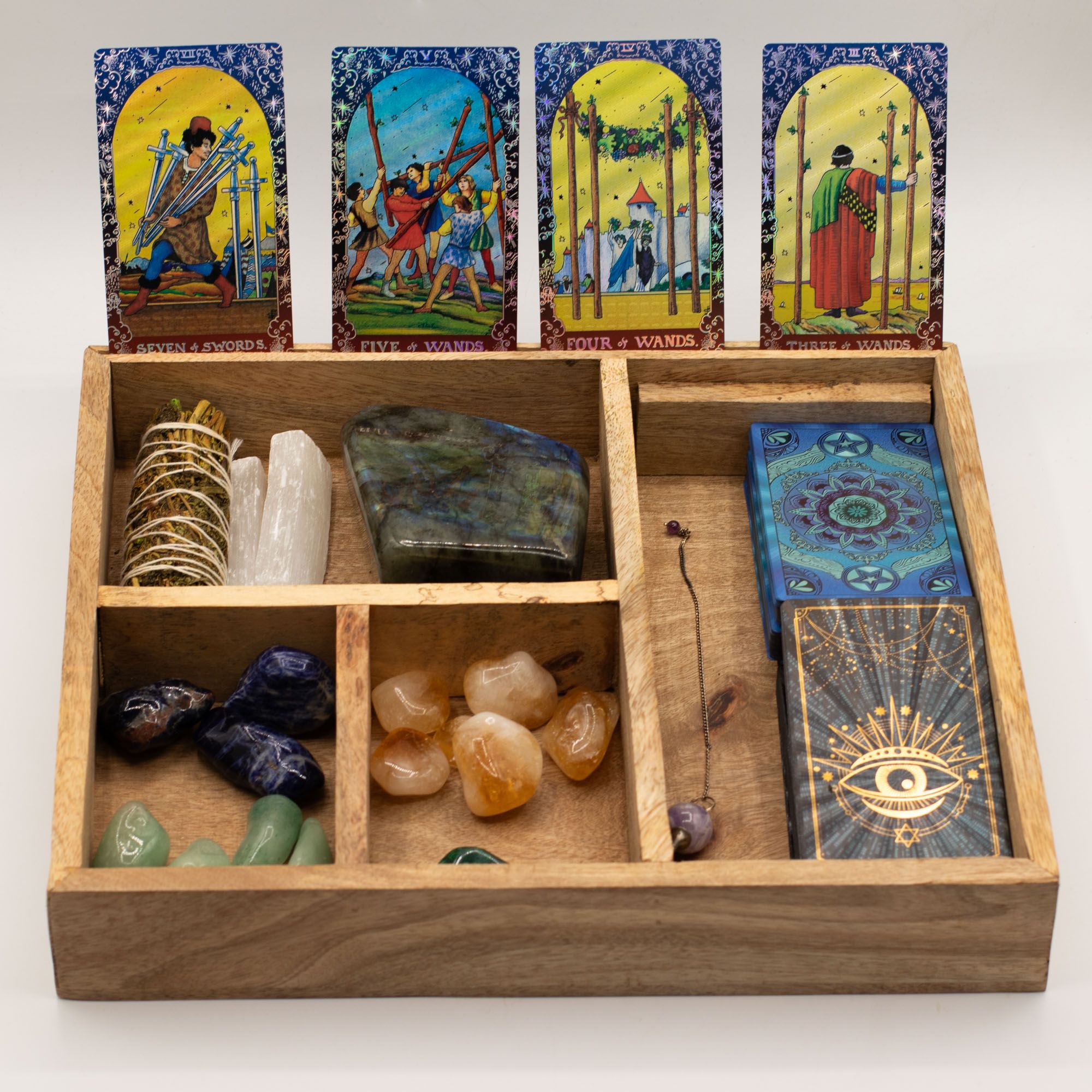 Natural wood Four-Section Tarot Storage Box for organizing tarot cards and crystals