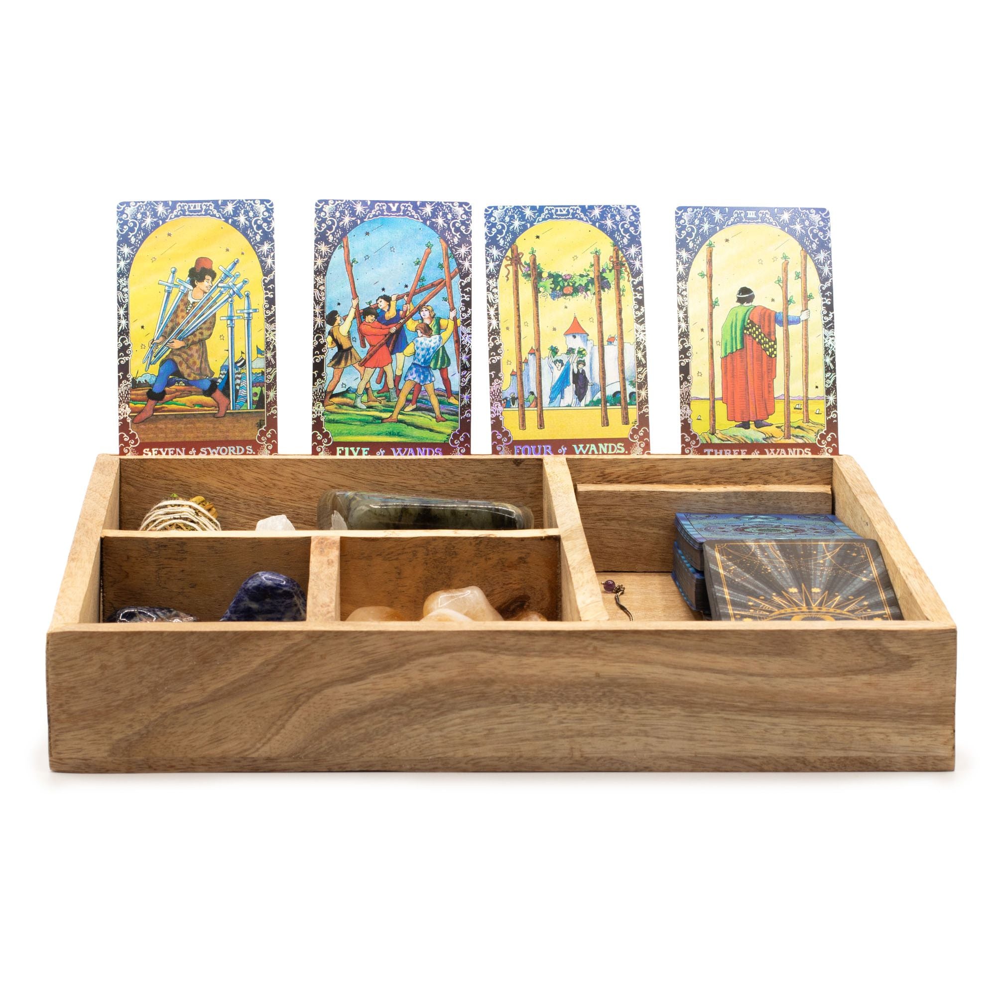 Four-Section Tarot Storage Box in wood for card organization and reading convenience