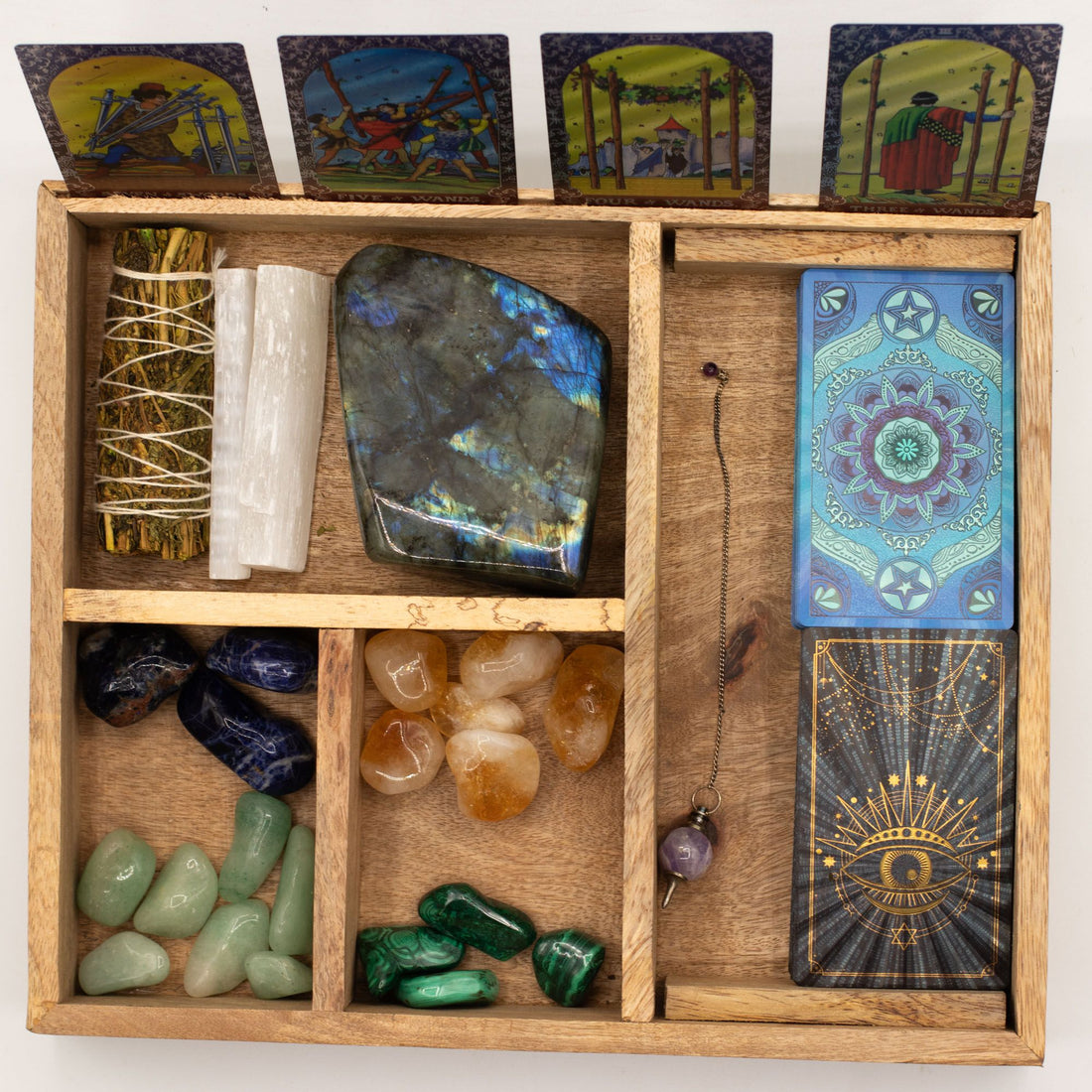 Four-Section Tarot Storage Box with assorted crystals and cards