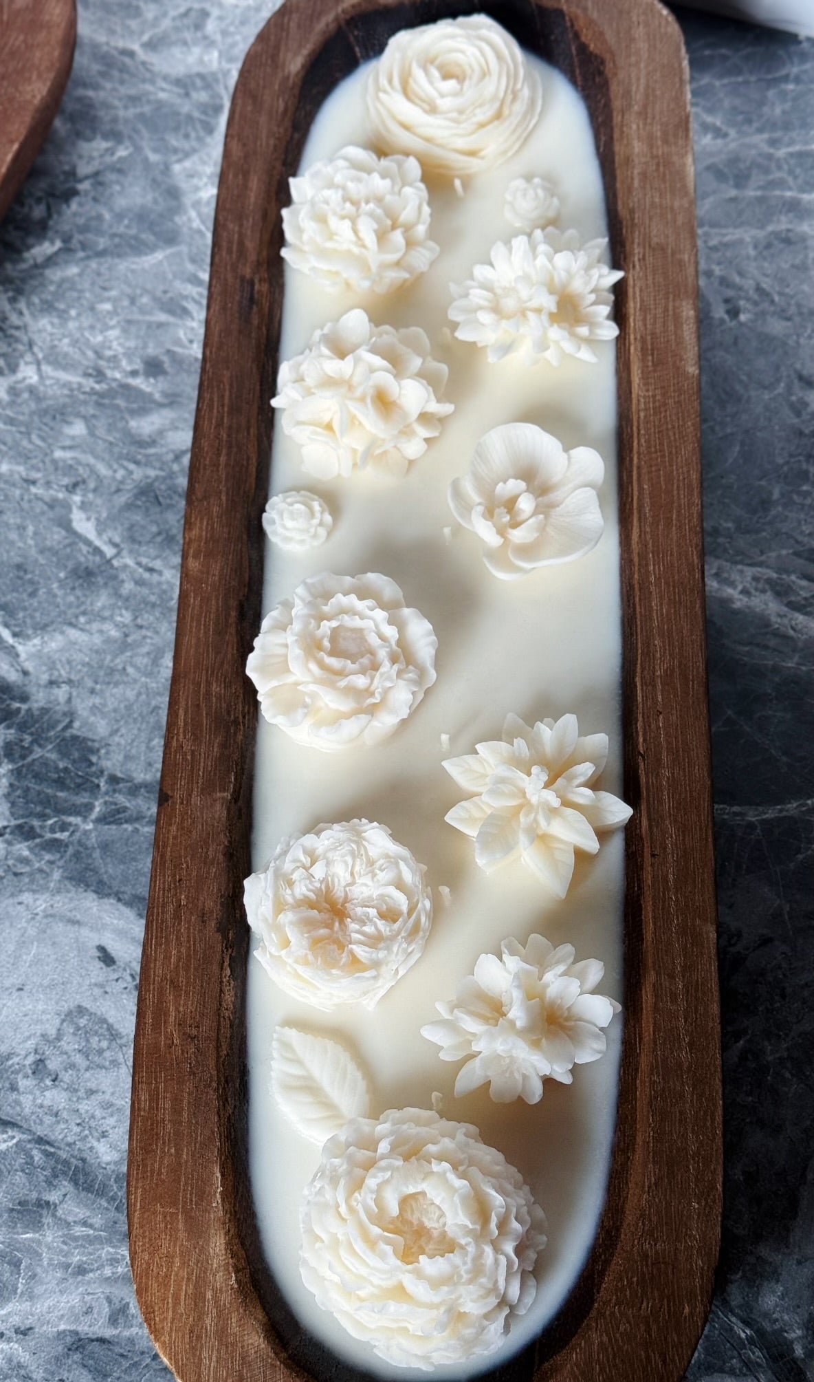 Handcrafted Garden Dough Bowl Candle with Intricate Floral Designs in a Wooden Holder