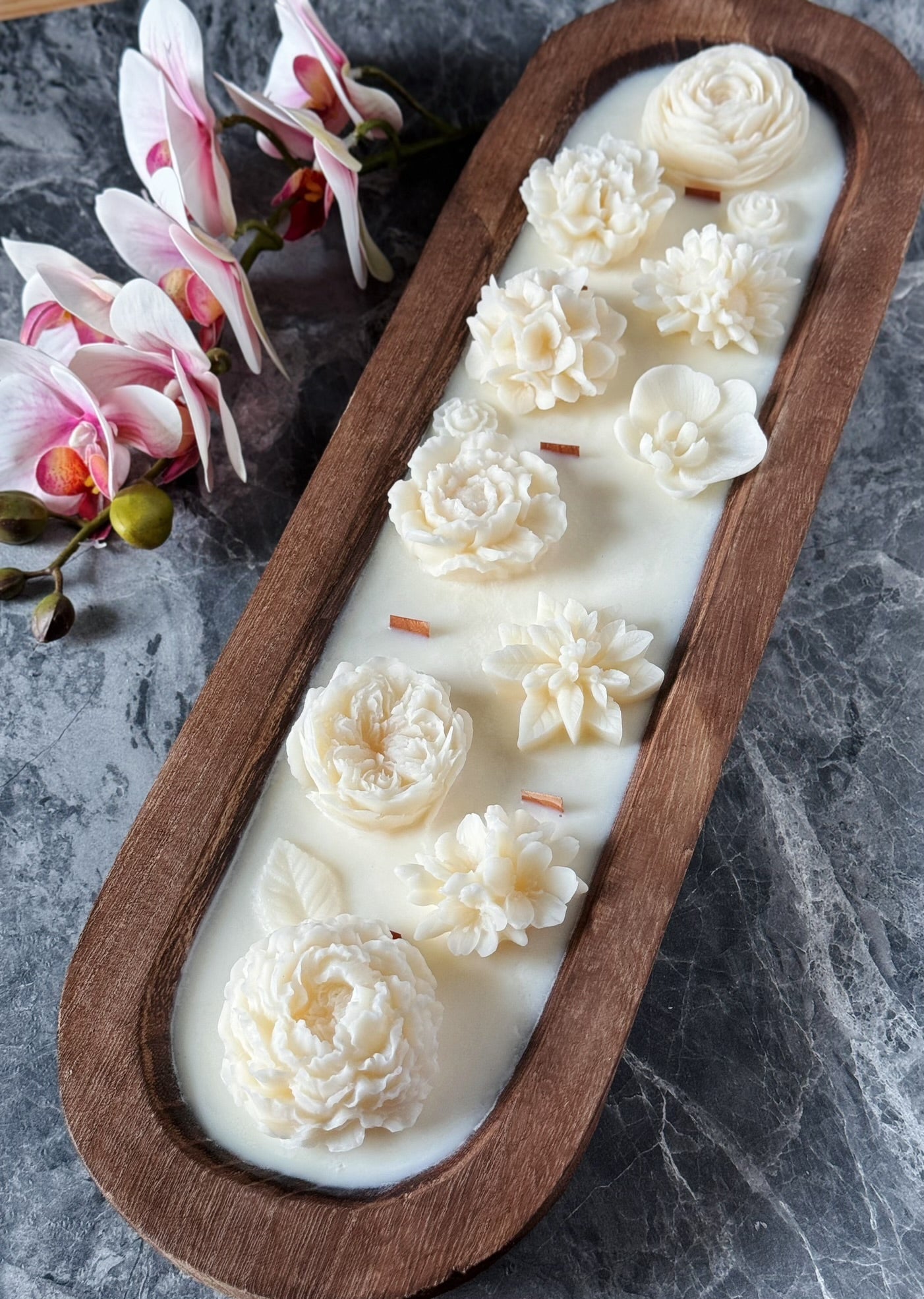 Garden Dough Bowl Candle with intricate floral designs in a wooden bowl, perfect for home decor