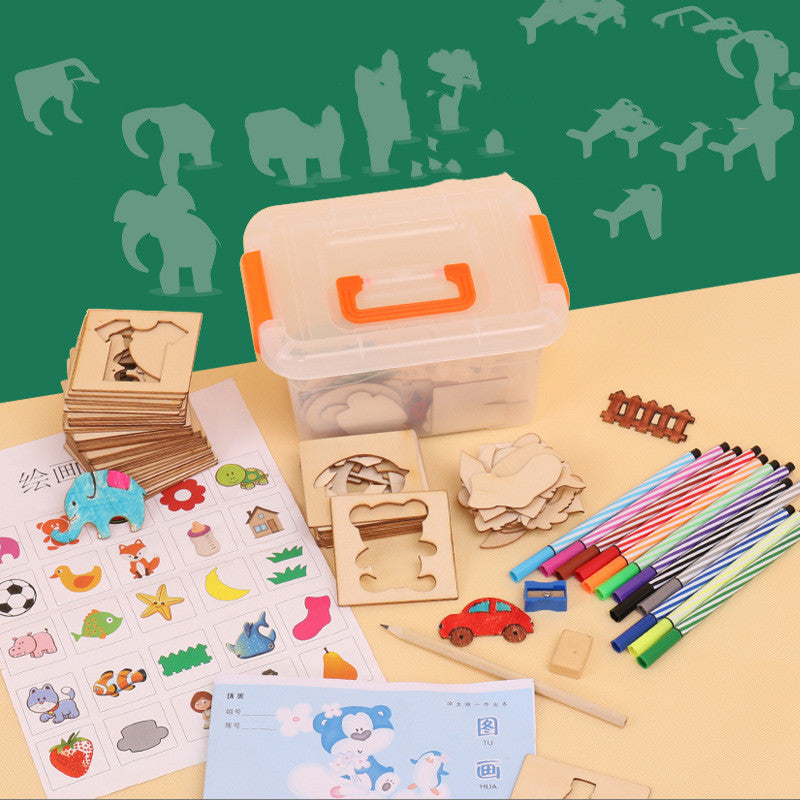 Arts And More Kids DIY Wooden Painting Kit with colorful markers and wooden animal and object shapes