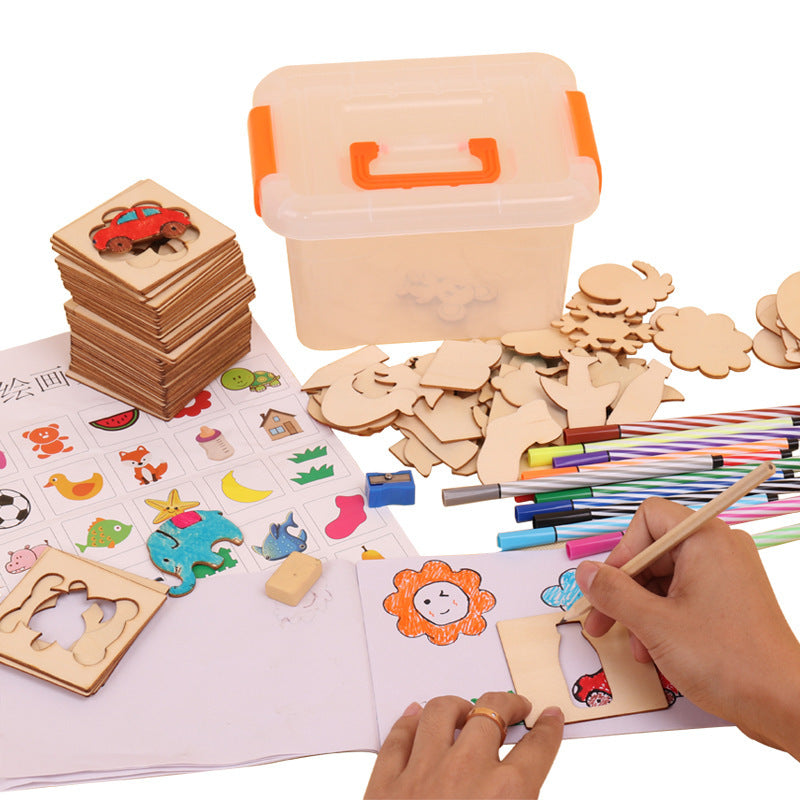 Kids painting wooden shapes with markers and brushes in Arts And More Wooden Painting Kit DIY set