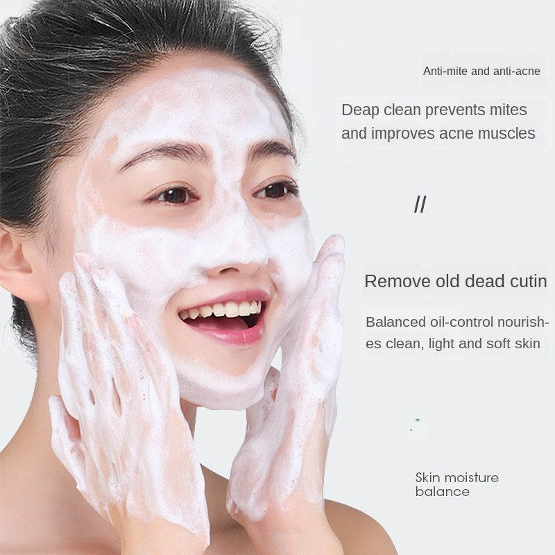 Woman washing face with foamy Mite Removal Soap by Arts And More for deep cleaning and acne prevention