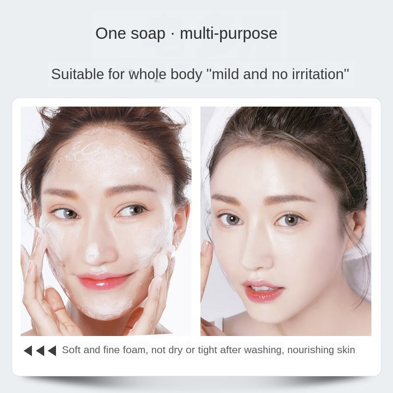 Arts And More Mite Removal Soap shown with soft foam on woman's face and clear, nourished skin after washing