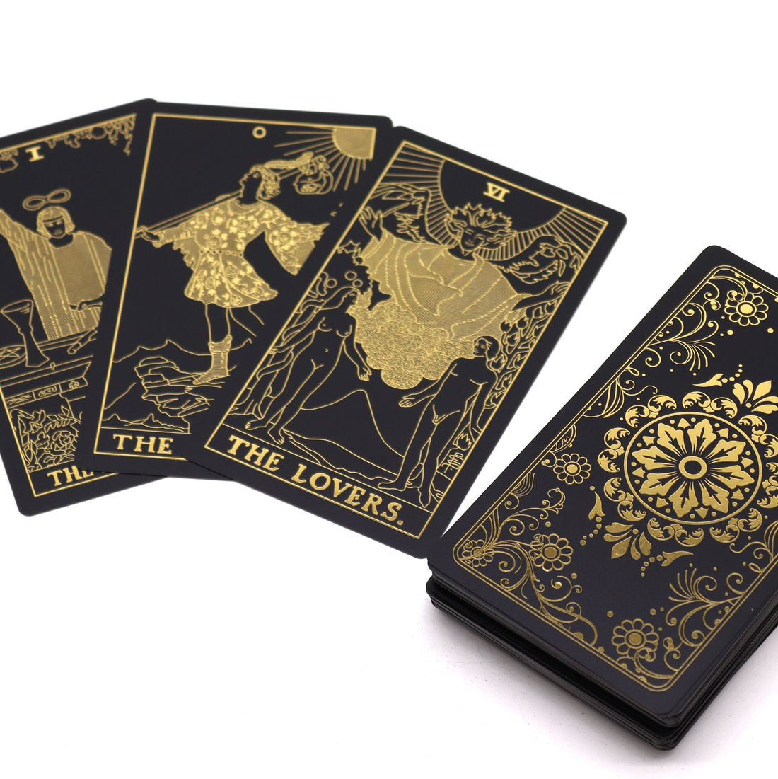 Gold Foil Tarot Set with elegant black cards for mystical readings