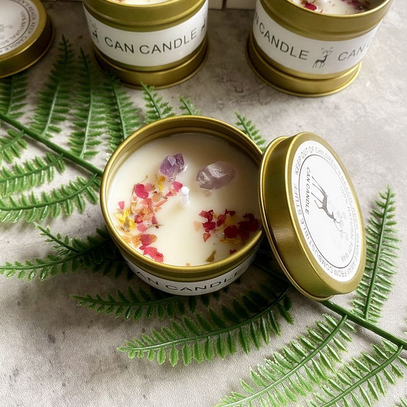 Gold Tin Box Scented Candle decorated with dried flowers and crystals for a calming ambiance