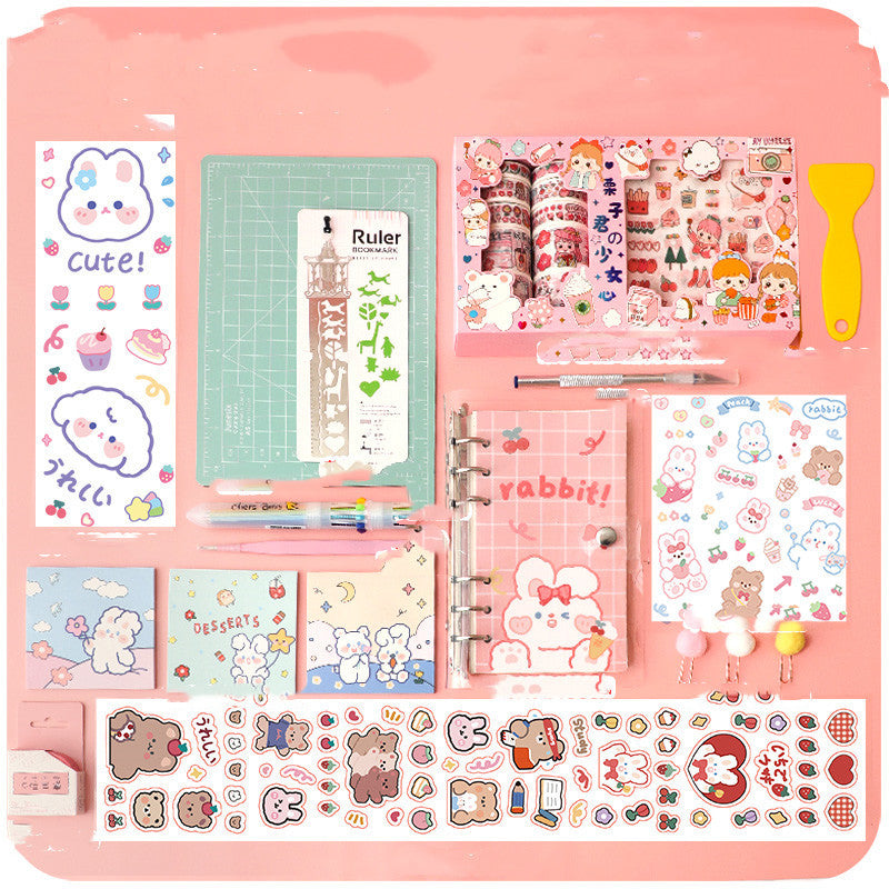 Arts And More Hand Account arts and crafts kit with stickers, ruler, pens, and decorative tape on pink background