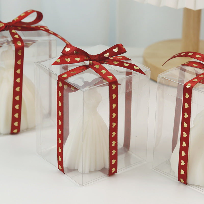 Three Handmade Scented Candles in Decorative Boxes with Red Satin Ribbons for Home Decor