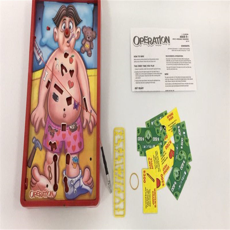 Hasbro Gaming Operation Game board with patient figure, game pieces, money cards, and instruction sheet