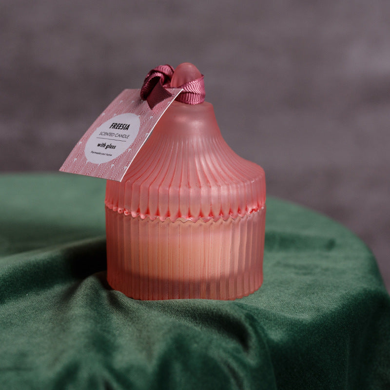 Stylish Indoor Scented Candle Gift in Pink Glass Container with Decorative Tag