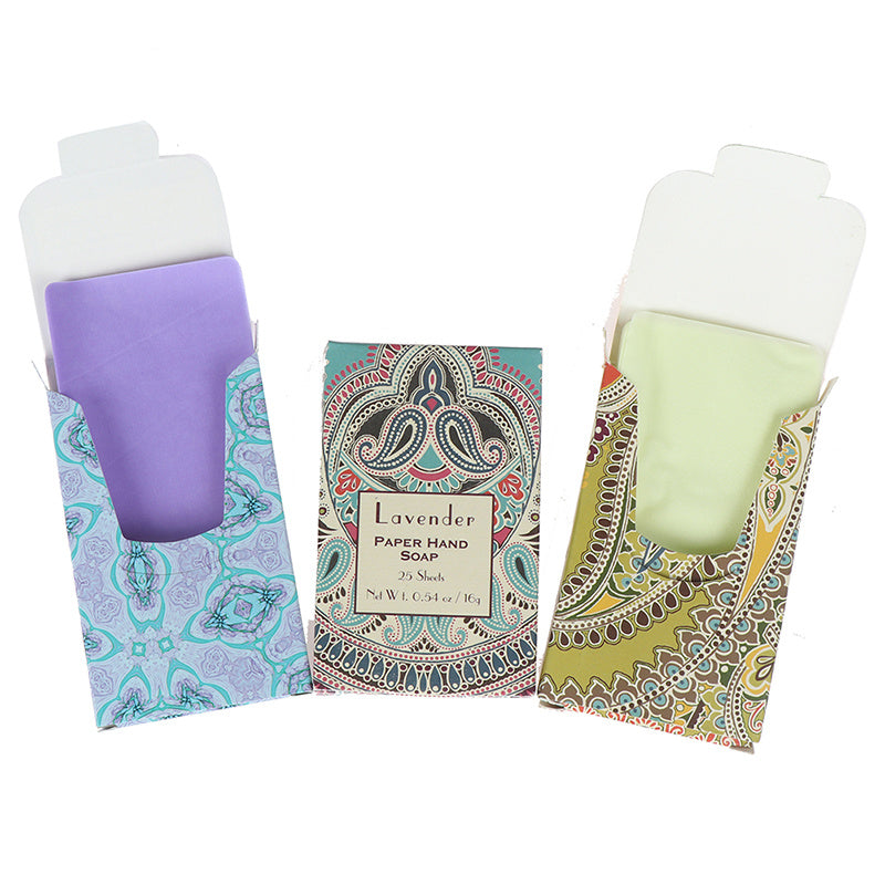 Arts And More Instant Paper Soap lavender and green sheets with decorative patterned cases