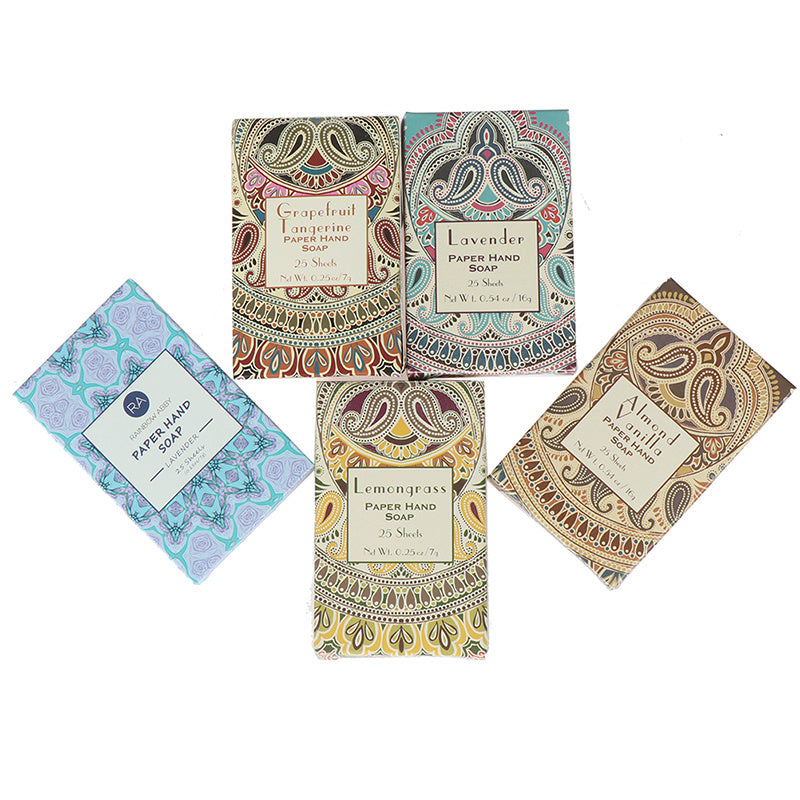 Arts And More Instant Paper Soap packs in grapefruit tangerine lavender lemongrass and mint scents with decorative packaging