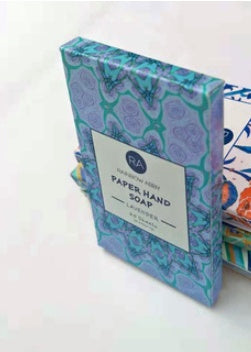 Arts And More Instant Paper Soap in decorative blue patterned packaging for convenient hand washing