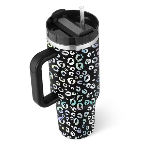 Arts And More insulated tumbler with handle in black leopard print design with lid and straw