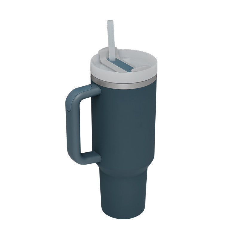 Arts And More insulated tumbler with handle in blue with lid and straw for kitchen use