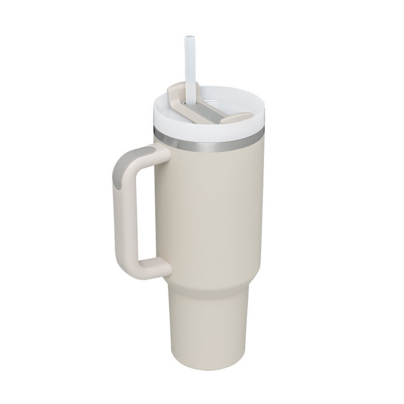 Arts And More beige insulated tumbler with handle and white lid with straw kitchen gadget