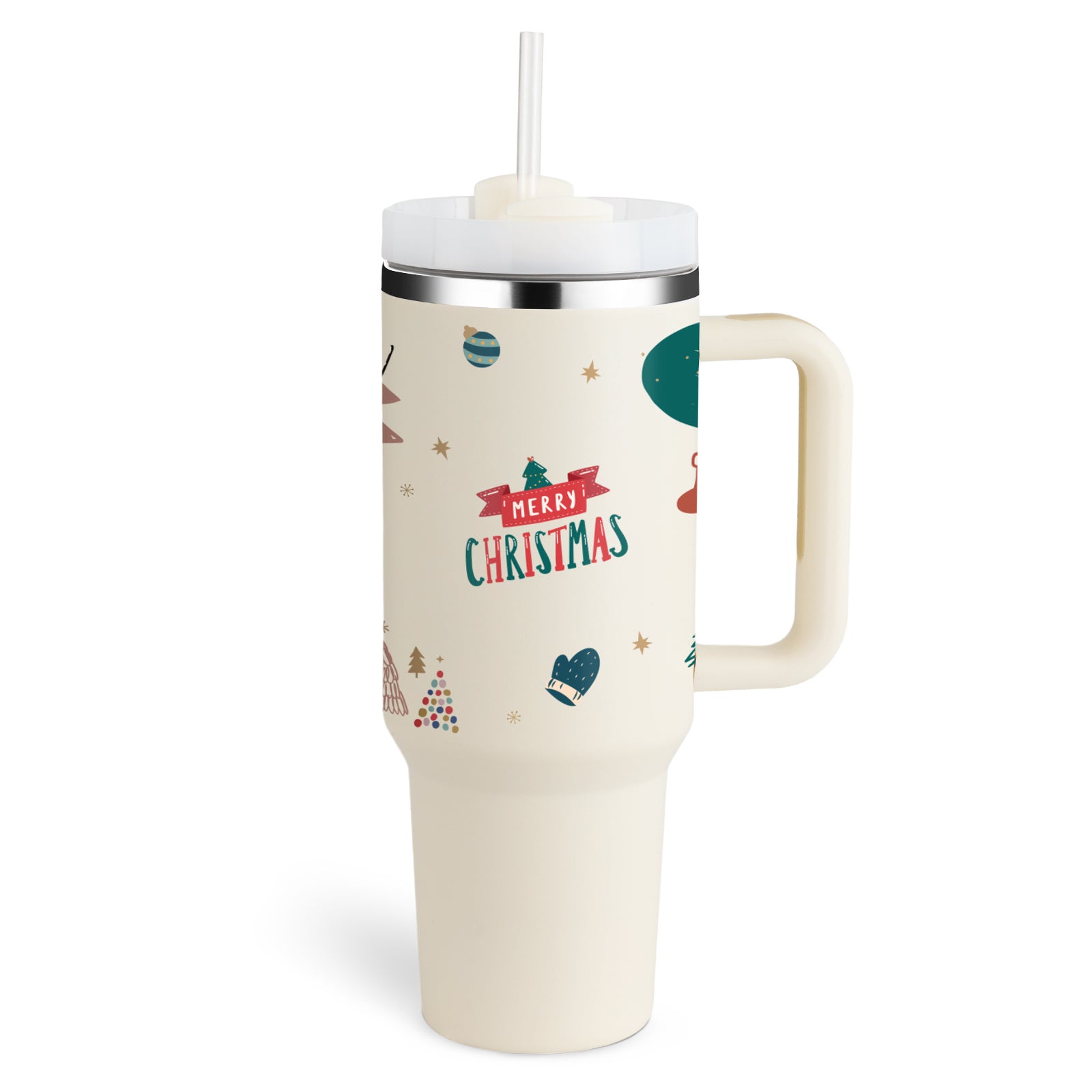 Arts And More insulated tumbler with handle featuring Merry Christmas design and straw