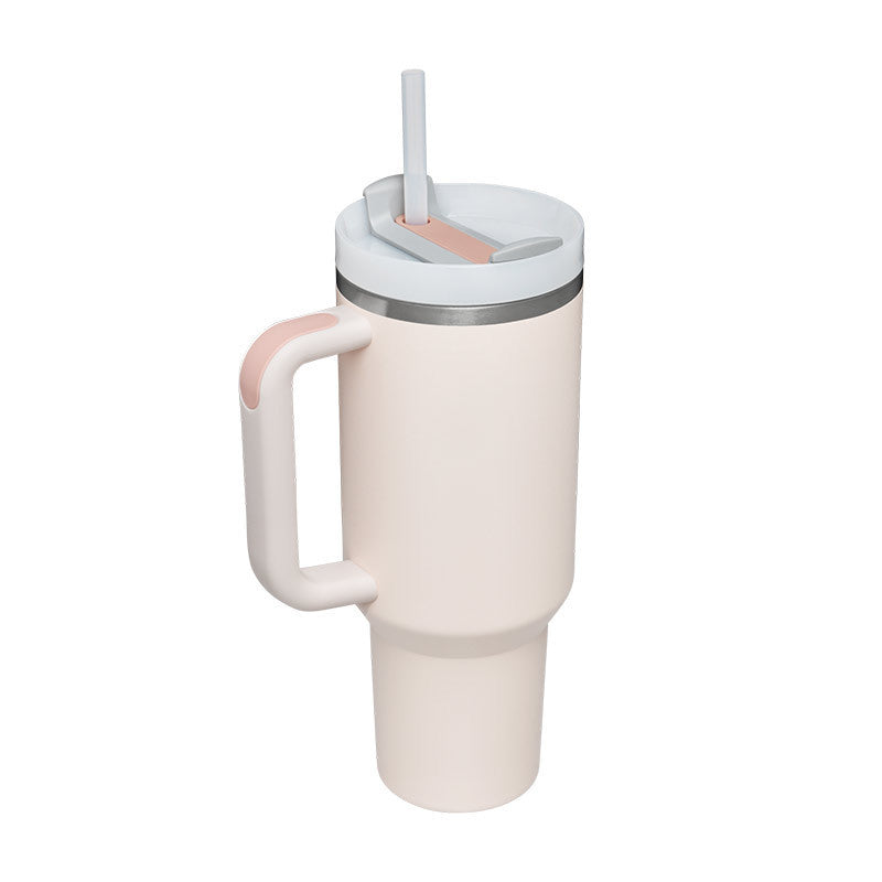 Arts And More insulated tumbler with handle in light pink with lid and straw for hot and cold drinks