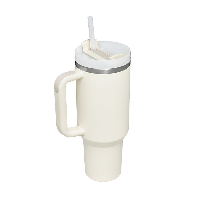 Arts And More insulated tumbler with handle in white with clear lid and straw for hot and cold drinks