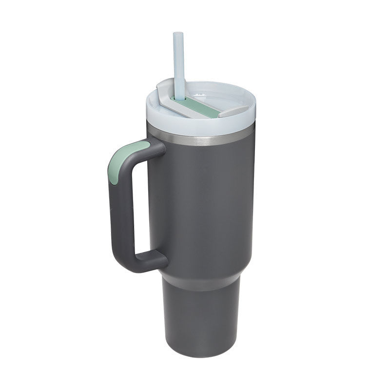Arts And More insulated tumbler with handle in gray with green accents and a straw lid for kitchen gadgets