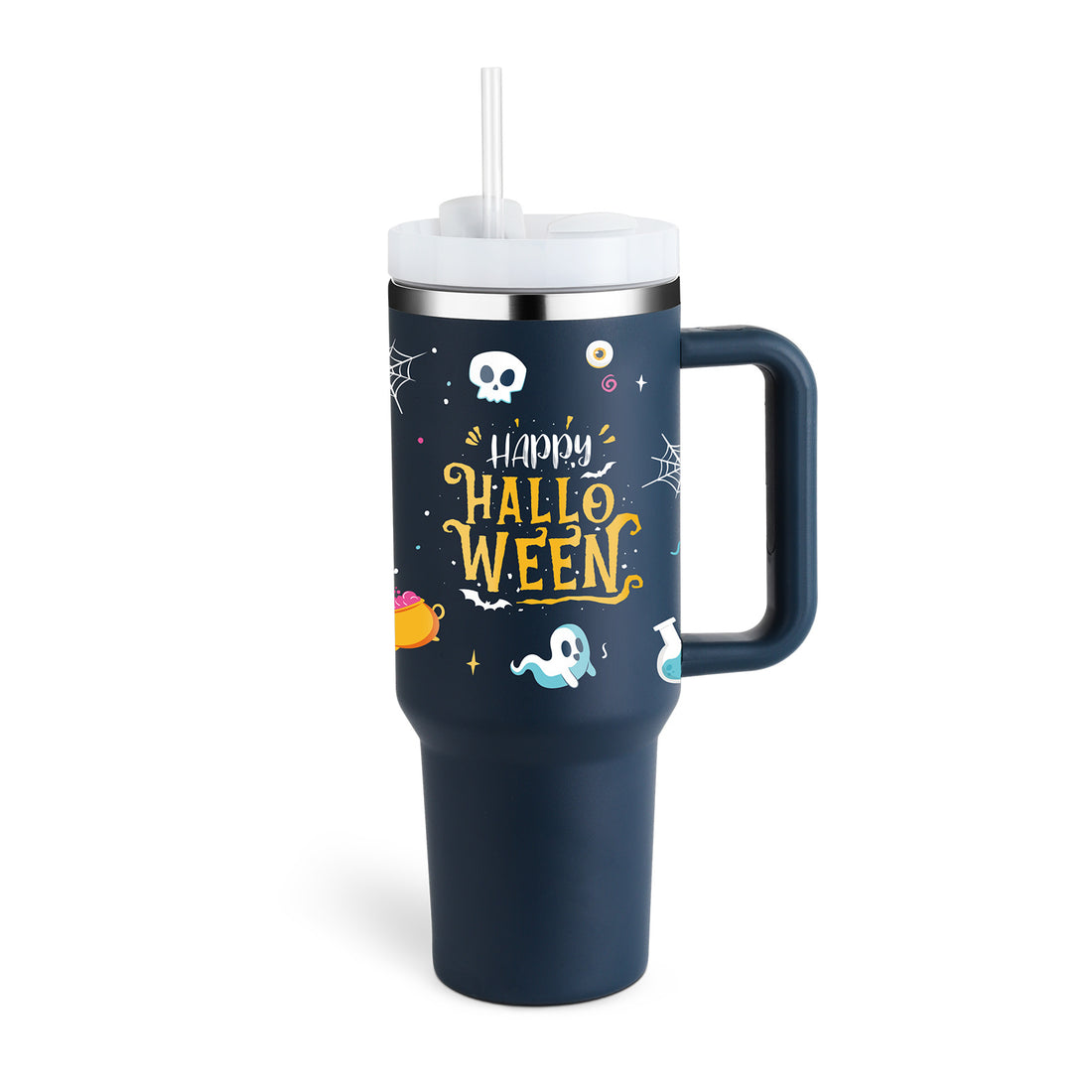 Arts And More insulated tumbler with handle featuring Halloween design with skulls and ghosts