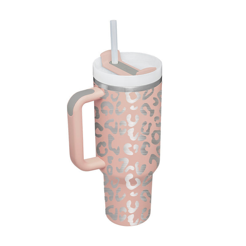 Arts And More insulated tumbler with handle in pink leopard print design and white straw lid
