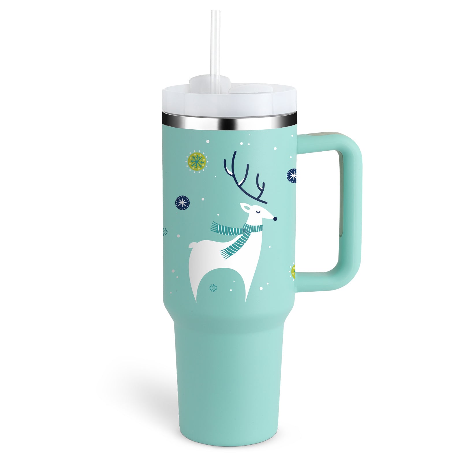 Arts And More insulated tumbler with handle in light blue featuring a white reindeer design and clear lid with straw